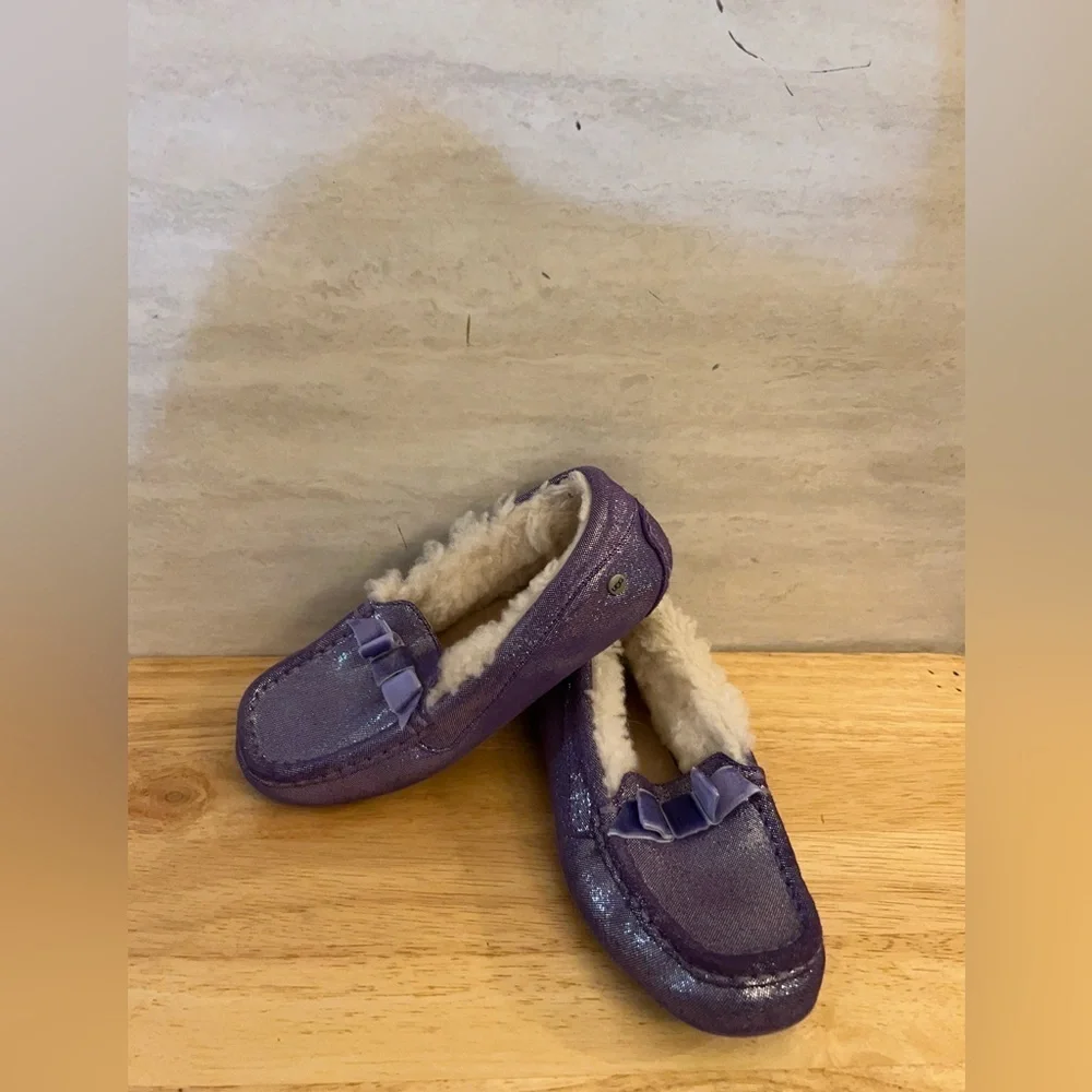 Ugg Australia Annmarie purple glitter bow sheepskin slippers/ moccasins